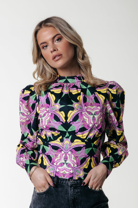 Colourful Rebel Chaya Graphic Flower Puff Sleeve Cropped Top