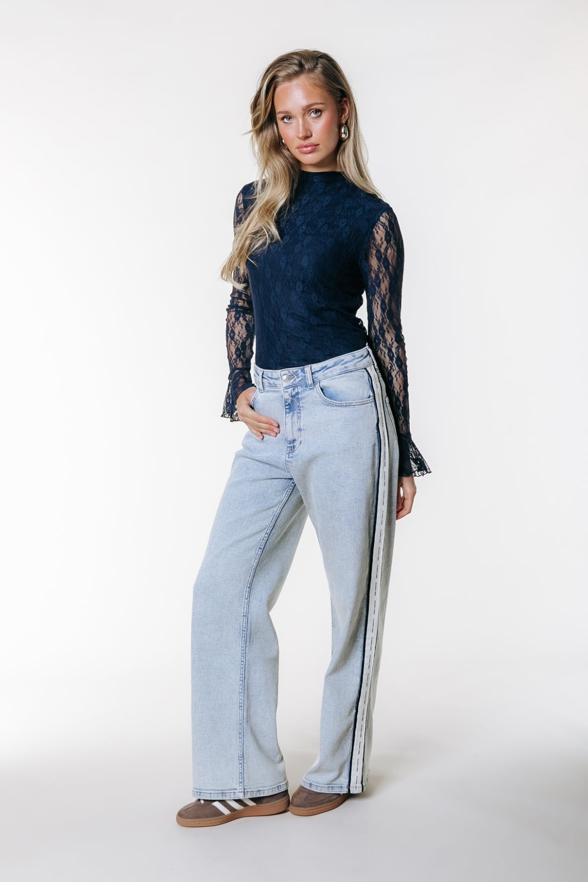 Colourful Rebel Nena Lace High Neck Top Navy